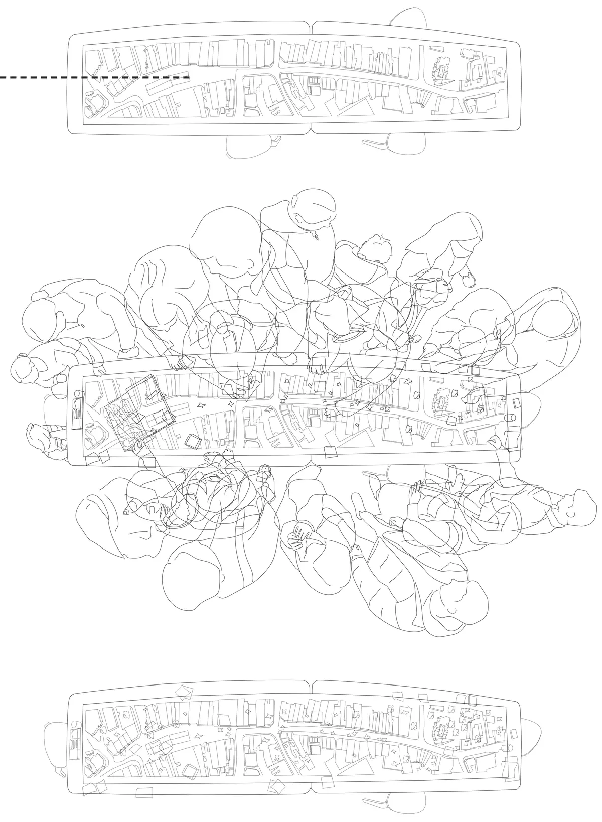 Looking to be the centrepiece of our exhibition, we proposed to create a site model of Dudley Highstreet at 1:200 scale with buildings modelled in a simple form. Local residents and visitors to the exhibition are then invited to decorate a chosen building to how they would envision it sat within the context of a greener Highstreet. We want to tie in our themes of biodiversity and materials by proposing that buildings can, and do, have the potential to be a lot healthier, sustainable, and interactive on the street. This site model also helps gain vital public opinions on the Highstreet and prompts discussion of areas most in need of attention.

To ensure that the model is utilising the MDF to the most efficient standard possible. First, the centres of the massing blocks have been hollowed out. This allows a reduction in materials used as other buildings can be cut in the centres of the model. Then the top is finished with a solid piece.
The waste material is placed into the recycling rack where other students can reuse it; otherwise, if the material left cannot be used for another project, it is recycled correctly by the university.

The model spanned just over 3.4m long and over 50cm wide. With the majority being cut from scrap woods that would fit the jigsaw of the shape, we were able to drastically cut down on waste. We also got some small benches and bee hives printed from recycled plastics, and used dried flowers as trees to represent the green spaces. Ultimately, the model seemed like a huge success, and really helped portray our ideas about Dudley High Street to those who came by. Everyone from Dudley who saw the model knew that it was the High Street, and interacted well with it. The size did make it difficult to move, especially to carry to the site, but it sat nicely in the centre of the the room and really drew people in to interact with it.

The model brought people in from outside to play with, write on, interact with. It became a spectacle for the public to come in and see what was happening and offer their ideas about what could be done.

The event was a success. Many people from the public (those who heard about the event, and those who just happened across it on the day) came in to interact with the model, which sat as the centre piece in the room. Kids liked to play with the pieces while the adults talked about things that could come from actions to help the High Street, not just leave it as is.

SOME OF THE KEY IDEAS WERE:
- The Shops need to be inviting for everyone. It’s no good having these places to go if people would rather take a bus to the next town.
- Just putting up boards across the windows is awful. Paint, Posters, Graffiti: Anything that actually makes the High Street look still alive is better than just wooden boards.
- More Green is needed. While it is obvious that there is a lack of Trees, many people wanted to push for these small bushes or planting spaces that could easily be implemented across the street.
- Spaces for public events or for people to at least gather at. While there is the Market and Fountain, it is not enough for the people of Dudley.
- Something needs to be done about the cars on the High Street. Some were Pro-Removal of all Cars, while some just wanted to limit when they could access the High Street.

Following the exhibition we created a series of drawings with our own interpretation of Sarah Wigglesworth ‘The Dining Table’ drawing. The drawings are a perfect representation of the our interactive model at the ERA Environmental Exhibition and Event. Showing the interaction the public had with the model, as well as the conversations that were held around the model. - Model - trace.png
